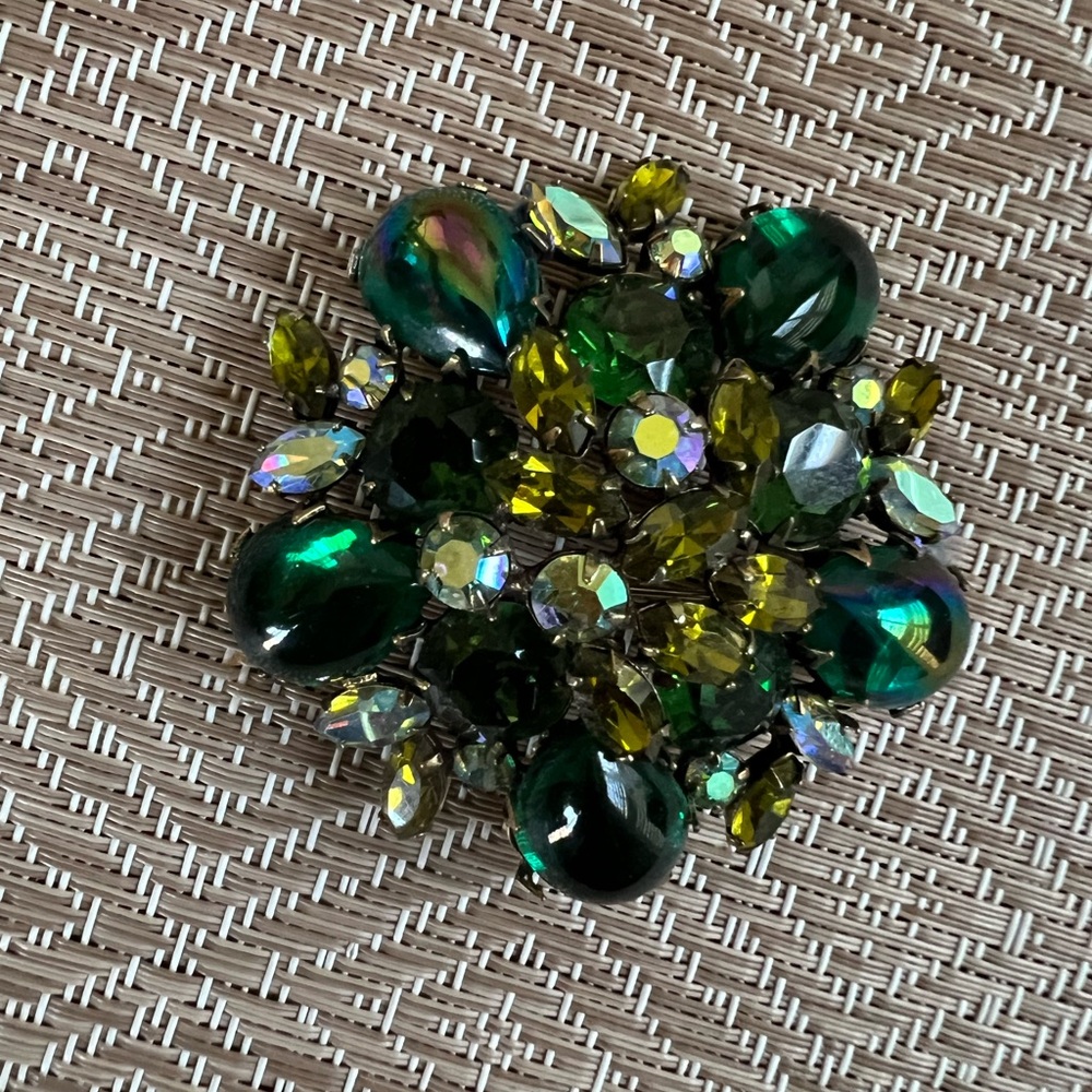 Vintage Green and Yellow Rhinestone Brooch